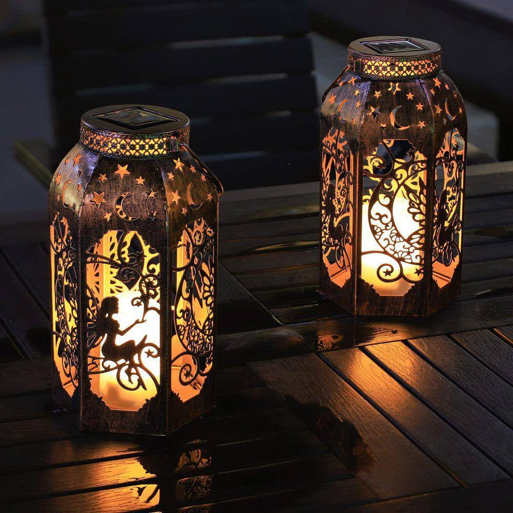 LED Metal Bronze Moon Fairy Lantern Garden Stake, Waterproof Flickering Flameless Candle Mission Lights (2-Pack)