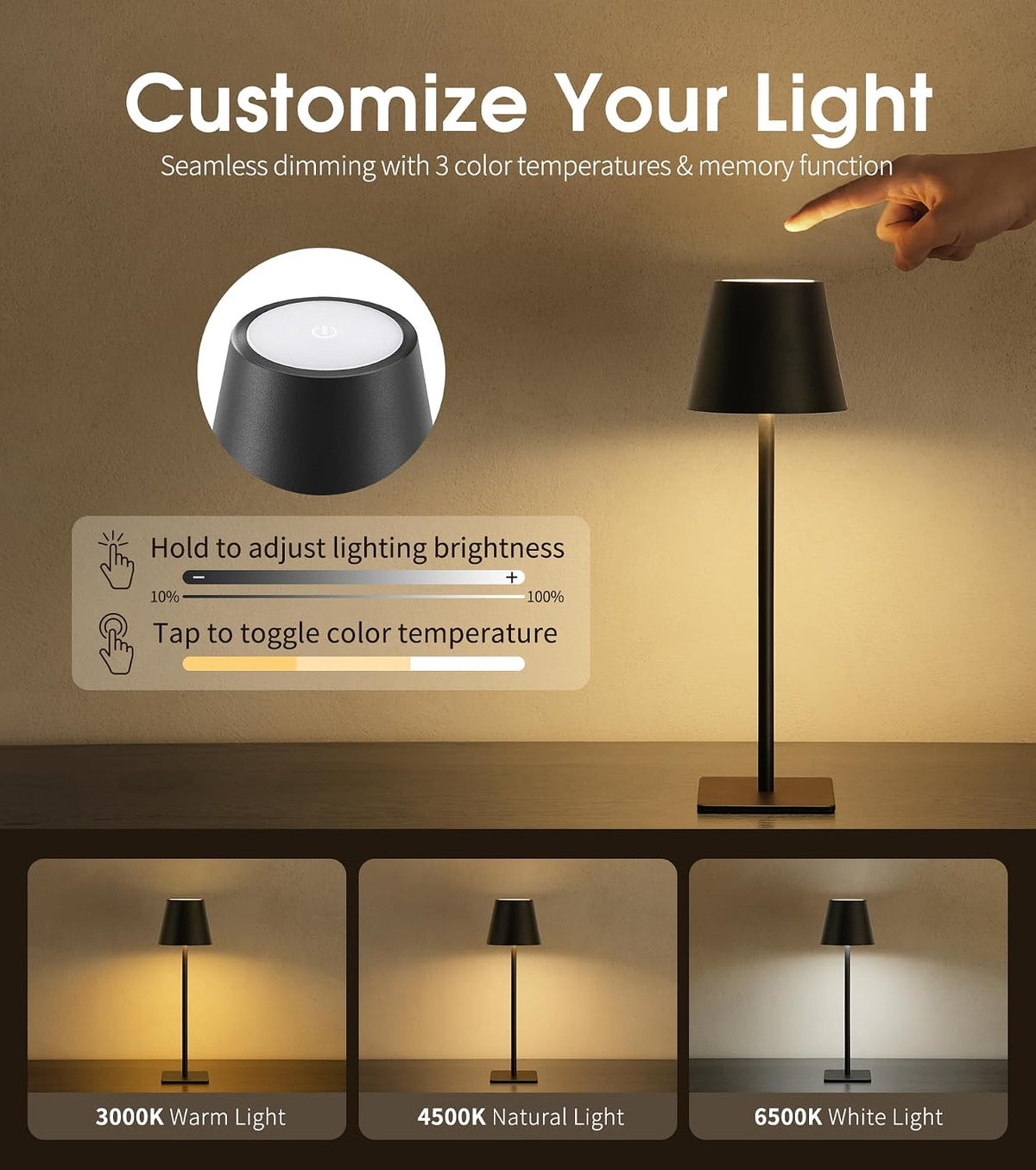 3 Pack Cordless Table Lamp, Battery Operated Lamp - Portable Waterproof Rechargeable Table Lamp W/ 3 Color Temps & Stepless Dimming for Dinner, Desk, Cafe, Outdoor (Black)