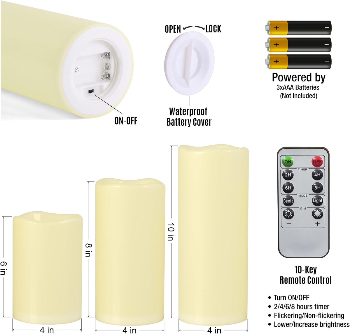 6" 8" 10" X 4" Ivory Large Waterproof Outdoor Flameless Candles Battery Operated LED Flickering Pillar Candles with Remote and Timer for Indoor Outdoor Lanterns, Long Lasting, Set of 3