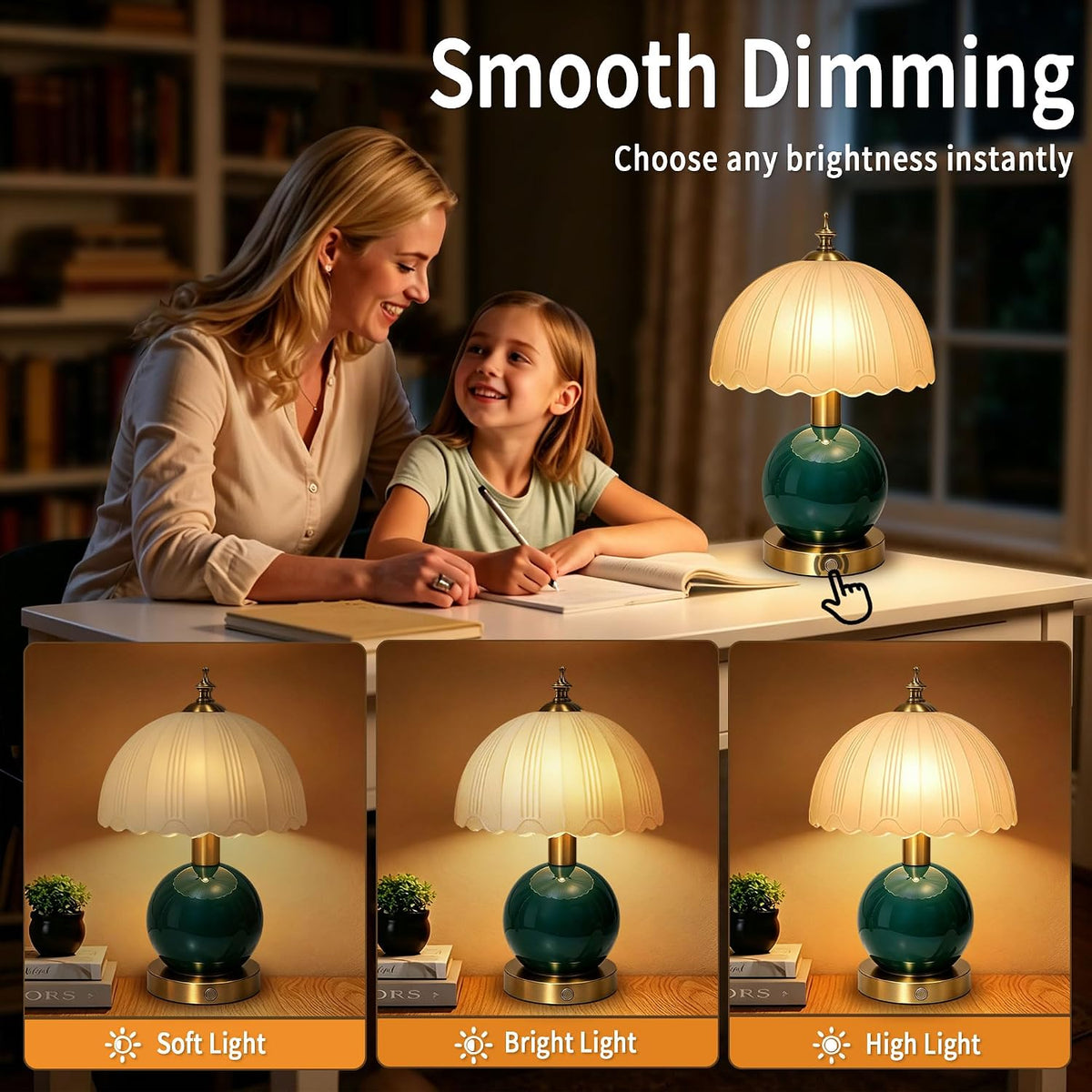 Vintage Green Ceramic Table Lamp Cordless Rechargeable Touch Dimmable