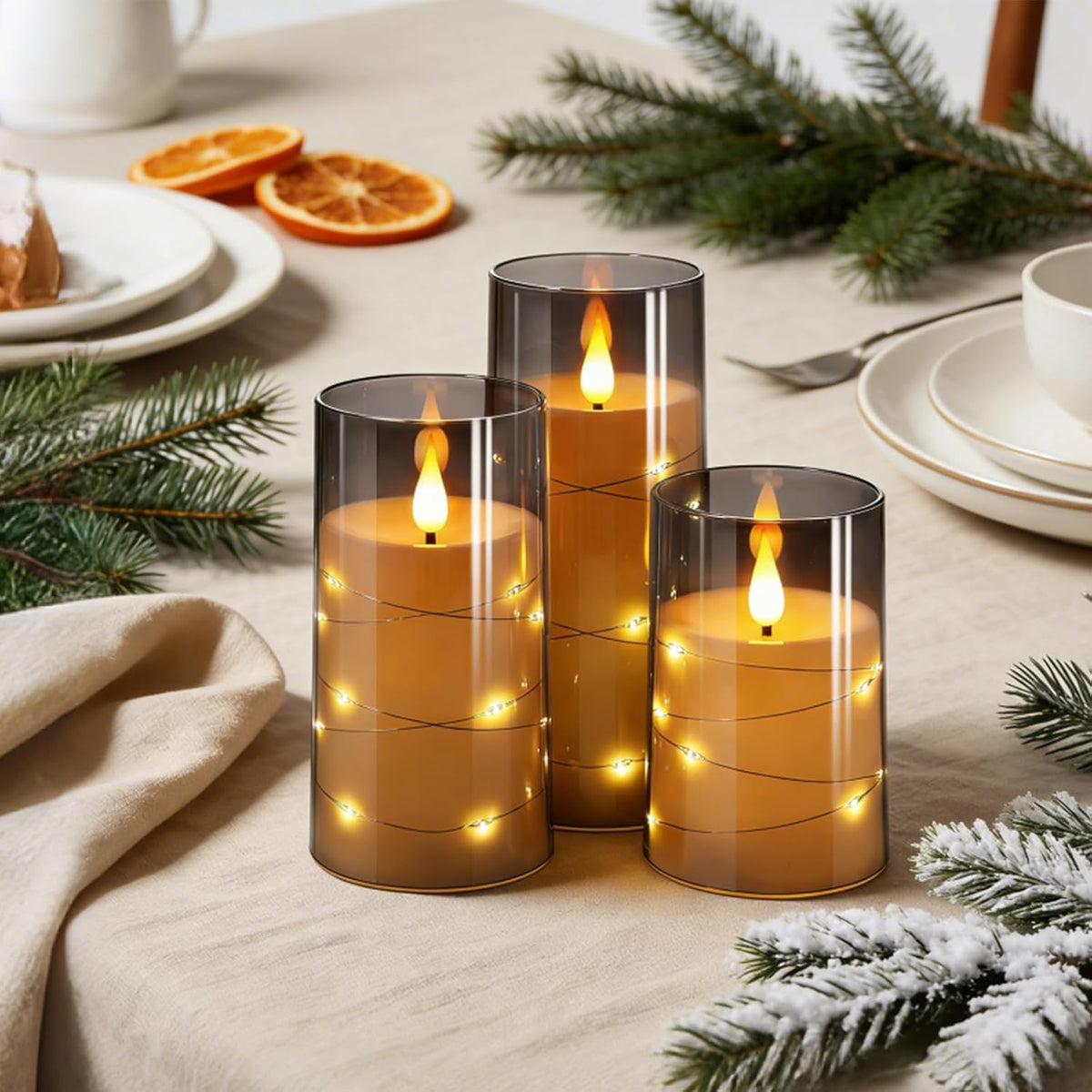 Flickering Flameless Candles: Built-In Star String Lights 3D Wick Acrylic Battery Operated LED Pillar Candles with Remote and Timer for Fall Halloween Christmas Home Decoration - 3 Pack Gray