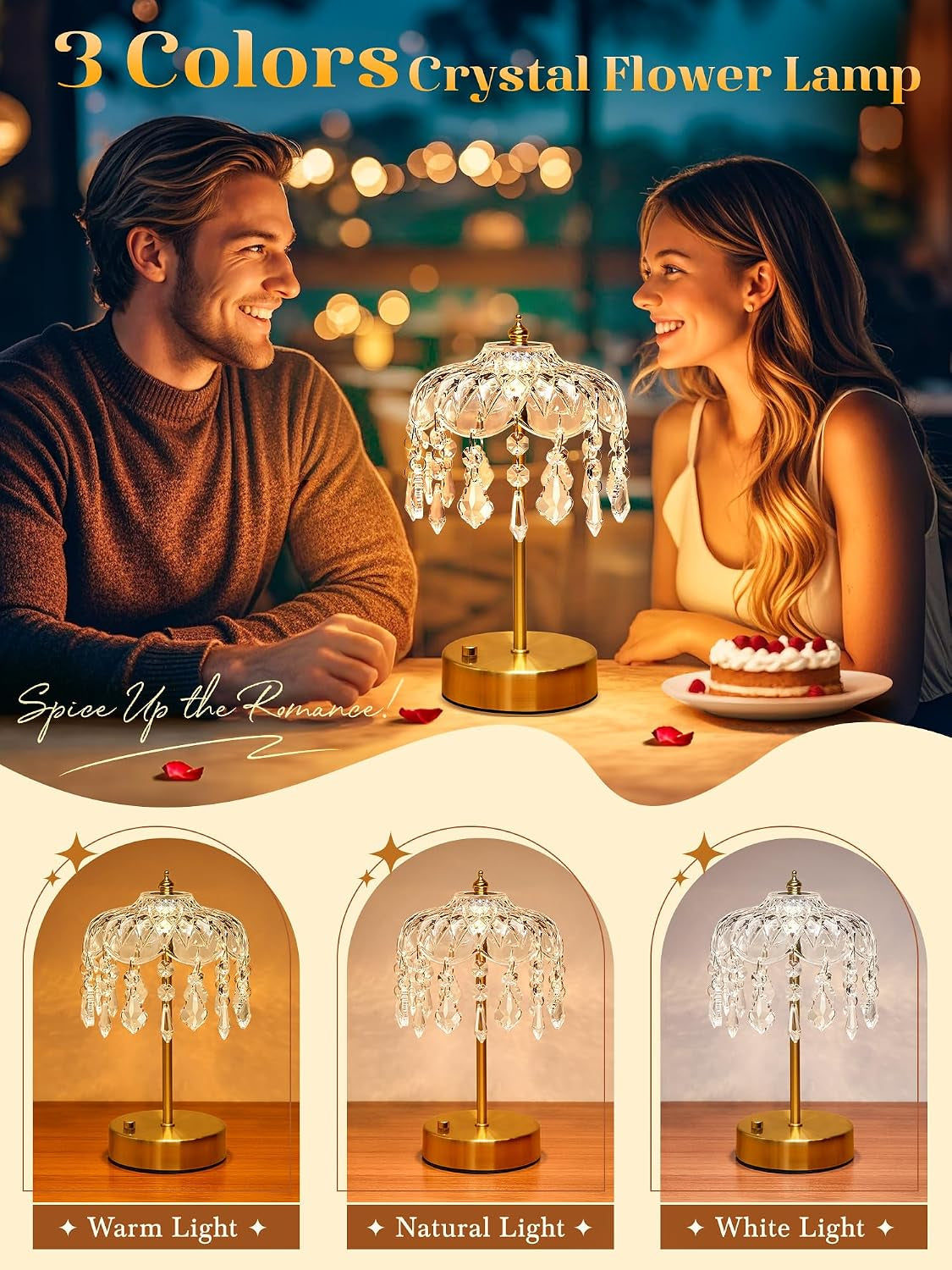 Vintage Lamp, 3 Colors 10 Brightness Crystal Lamp Flower Lamps, 3600Mah Rechargeable Lamps, Mood Lighting Bedroom Kitchen Bathroom, Tween Girls Trendy Stuff, Birthday Teen Girl Gifts Mothers Day Gifts