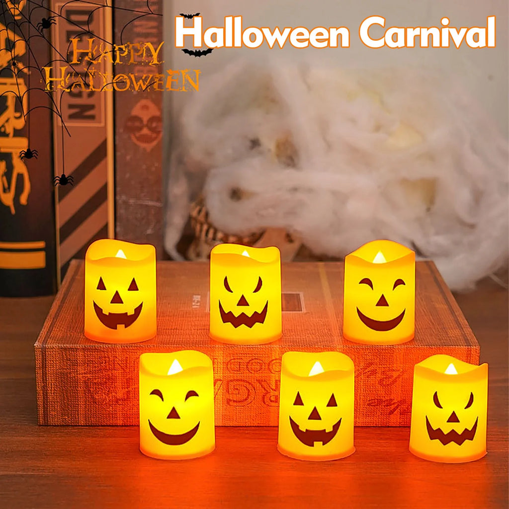6 Pcs Halloween Pumpkin Candles, Halloween Tea Lights Candles, Battery Powered LED Lights with Warm, Flameless Candle for Home outside Yard Lawn Garden