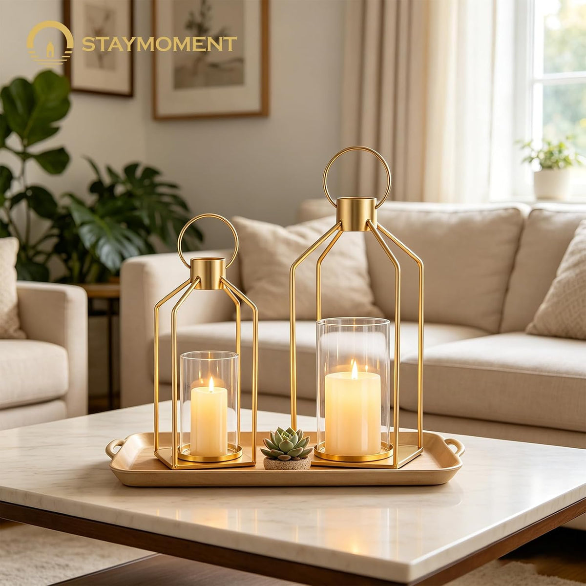 Gold Lanterns with Hurricane Glass, Set of 2 for Centerpieces