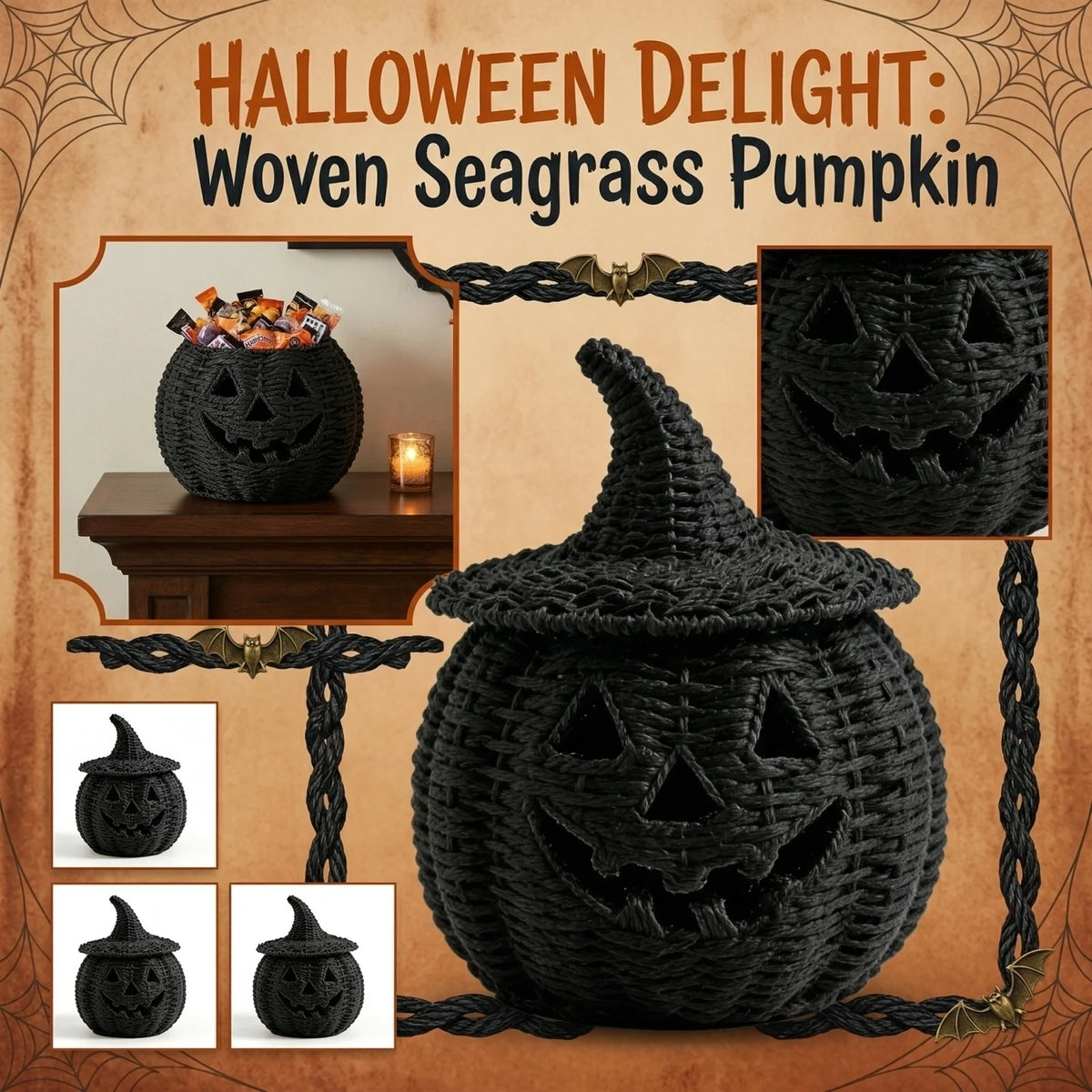 Handwoven Pumpkin Lantern, Rustic Vintage Halloween Decor, 28Cm Woven Pumpkin Lantern without LED Candle Light, Pumpkin Ornament for Mantel Doorstep Halloween Party Decorations