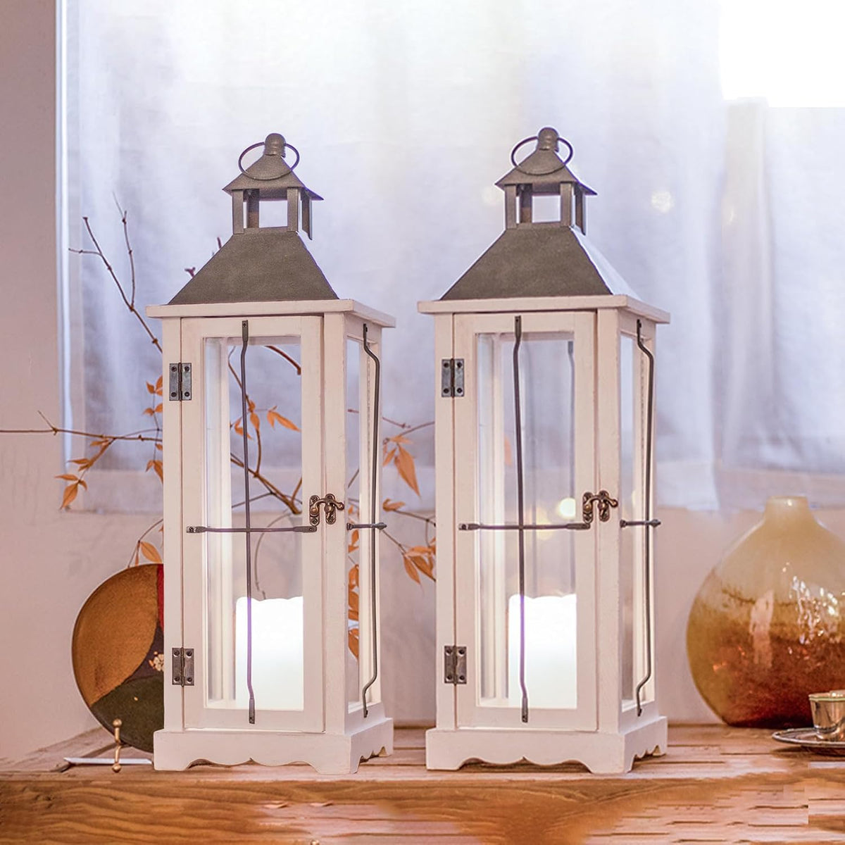 26 Inch White Wooden Decorative Lanterns with LED Candles Set of 2