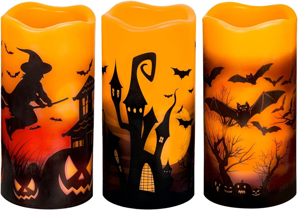 3 PCS Battery Operated Flameless Flickering Candles with 6 Hour Timer, Real Wax Electric LED Halloween Fake Pillar Candles with Castle, Witch, Bats for Indoor Kids Halloween Thanksgiving Decor