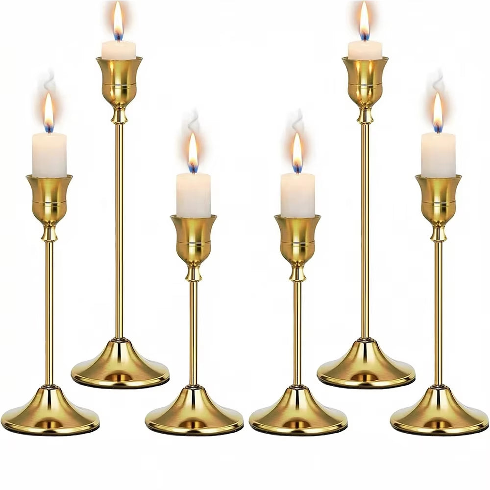 Set of 6 Gold Weighted Metal Taper Candlestick Holders Vintage Christmas Brass Home Decor for Table Mantel Room Decorations Hous
