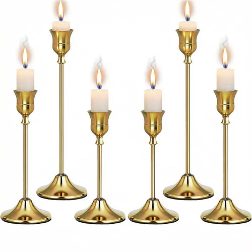 Set of 6 Gold Weighted Metal Taper Candlestick Holders Vintage Christmas Brass Home Decor for Table Mantel Room Decorations Hous