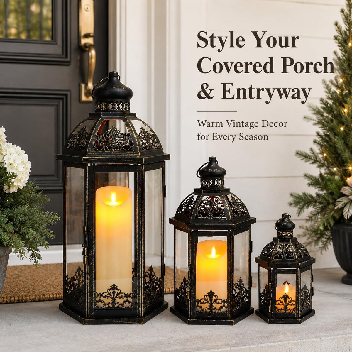 Set of 3 Black & Gold Metal Candle Lanterns, 19/13.5/9.5 in Decorative Hanging Lantern Candle Holders with Tempered Glass Forporch, Patio, Wedding & Home Decor(Black with Gold Brush)