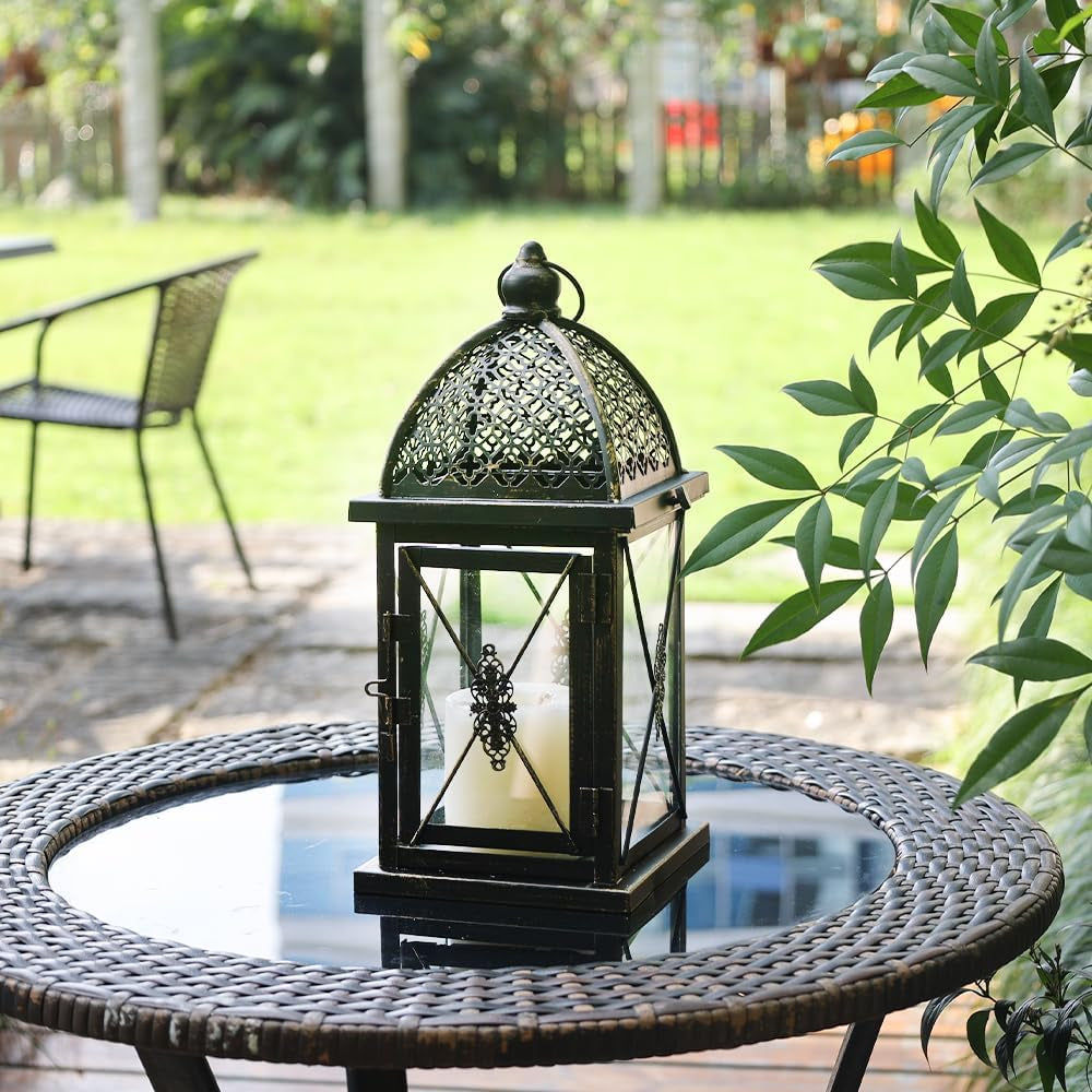 14.4" Outdoor Lantern, Large Vintage Lanters Decorative Indoor with Clear Glass, Metal Candle Lantern Decor for Home, Table, Patio, Front Porch, Rustic Farmhouse Wedding Shelf