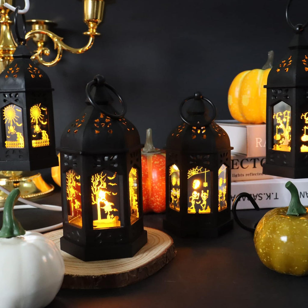 Halloween Mini Lantern for Centerpiece, 5"Small Jack O Lantern Lights with Mirror Glass for Halloween Decorations Indoor, Centerpiece Table Decoration, 8Pcs Hanging Candle Holder, Battery Included