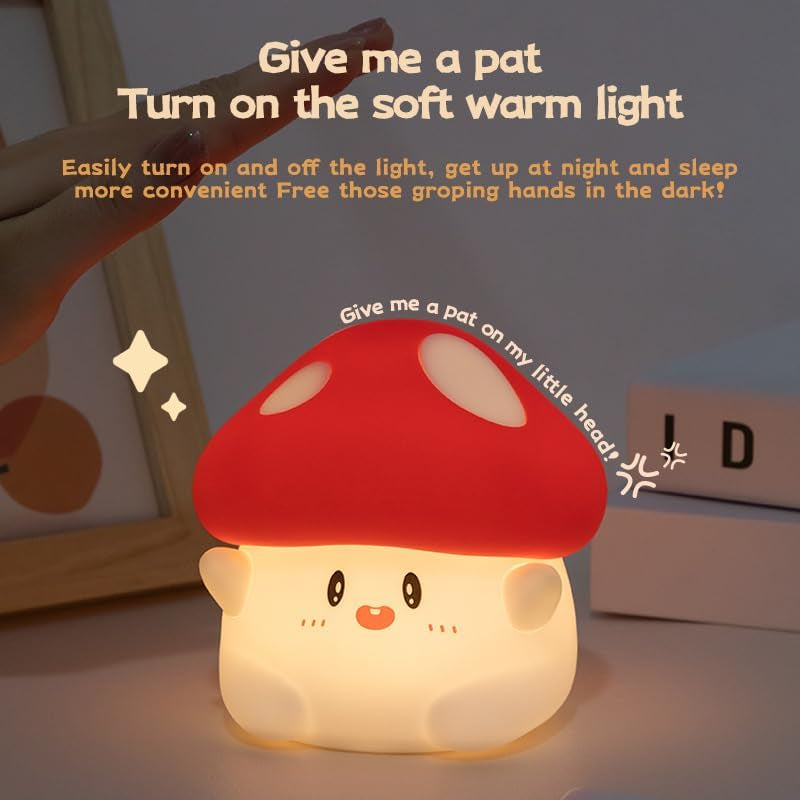 Mushroom Silicone Night Light for Kids - Squishy LED Lamp with Soft Touch, USB Rechargeable & Long Battery - Cute Touch Control Mushroom Light for Kids Room Decor & Gifts