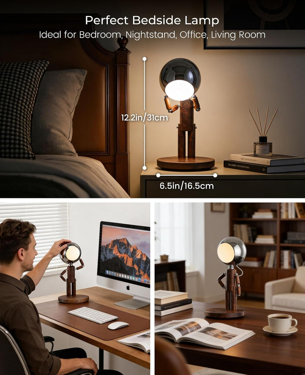 Cordless Table Lamp, Rechargeable Wooden Desk Lamp, Dimmable, Gift