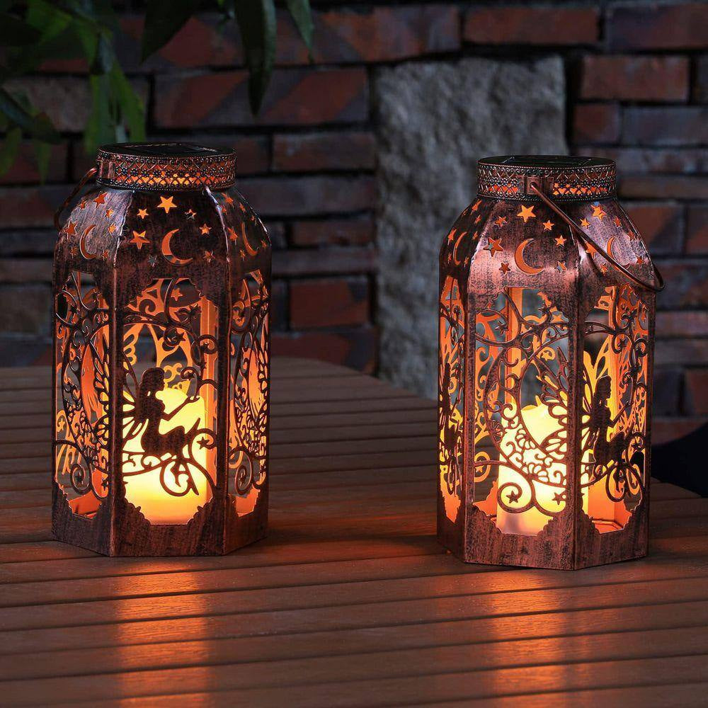 LED Metal Bronze Moon Fairy Lantern Garden Stake, Waterproof Flickering Flameless Candle Mission Lights (2-Pack)
