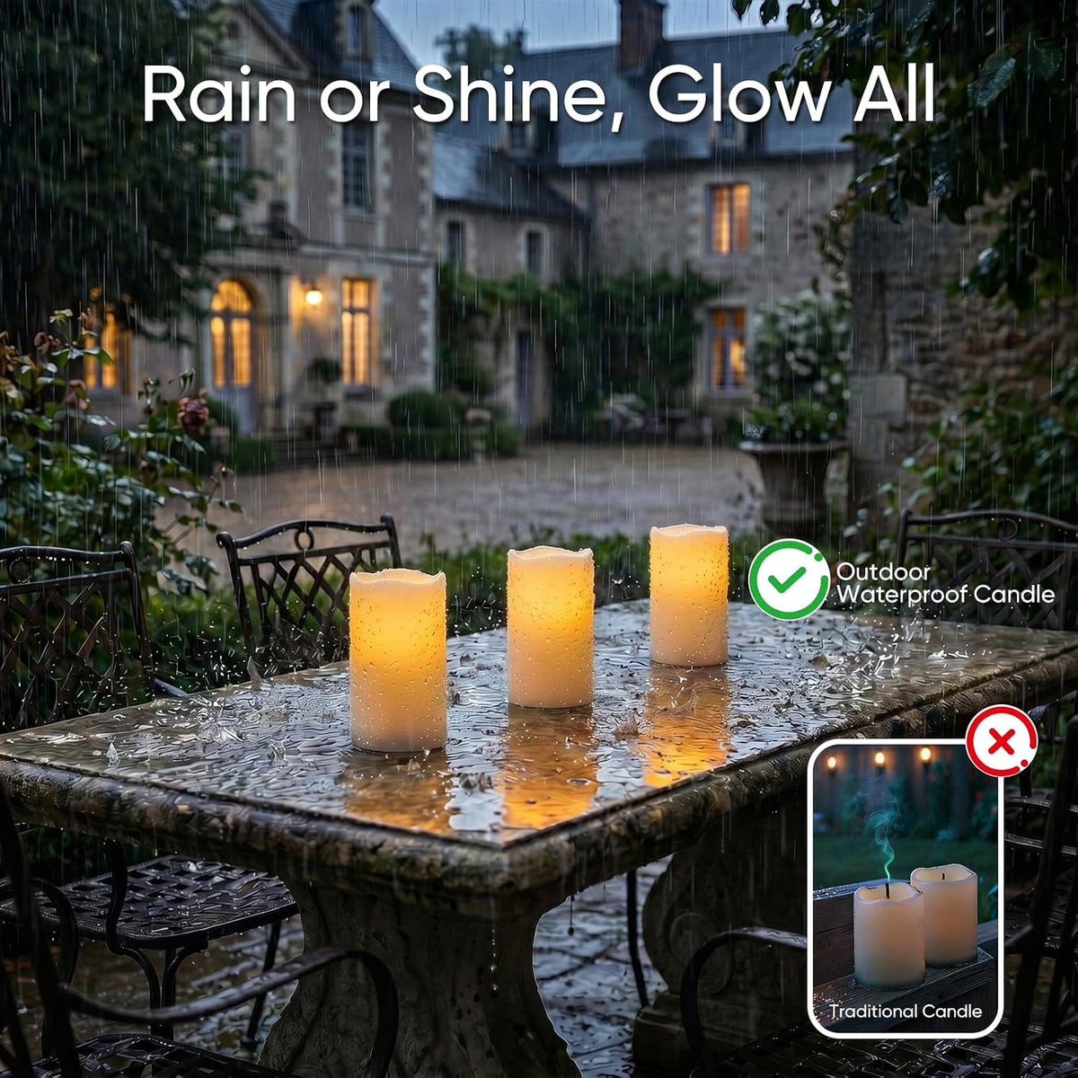 3"X4" Outdoor Waterproof Flameless LED Candles, Auto Light Sensor