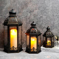 Set of 3 Black & Gold Metal Candle Lanterns, 19/13.5/9.5 in Decorative Hanging Lantern Candle Holders with Tempered Glass Forporch, Patio, Wedding & Home Decor(Black with Gold Brush)