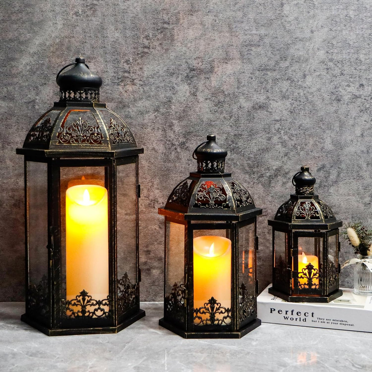 Set of 3 Black & Gold Metal Candle Lanterns, 19/13.5/9.5 in Decorative Hanging Lantern Candle Holders with Tempered Glass Forporch, Patio, Wedding & Home Decor(Black with Gold Brush)