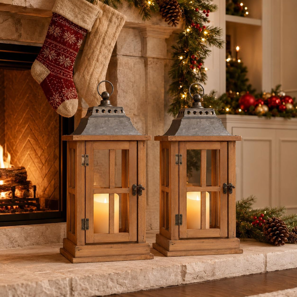 15 Inch Outdoor Decorative Lanterns, Set of 2 Wooden Candle Lanterns