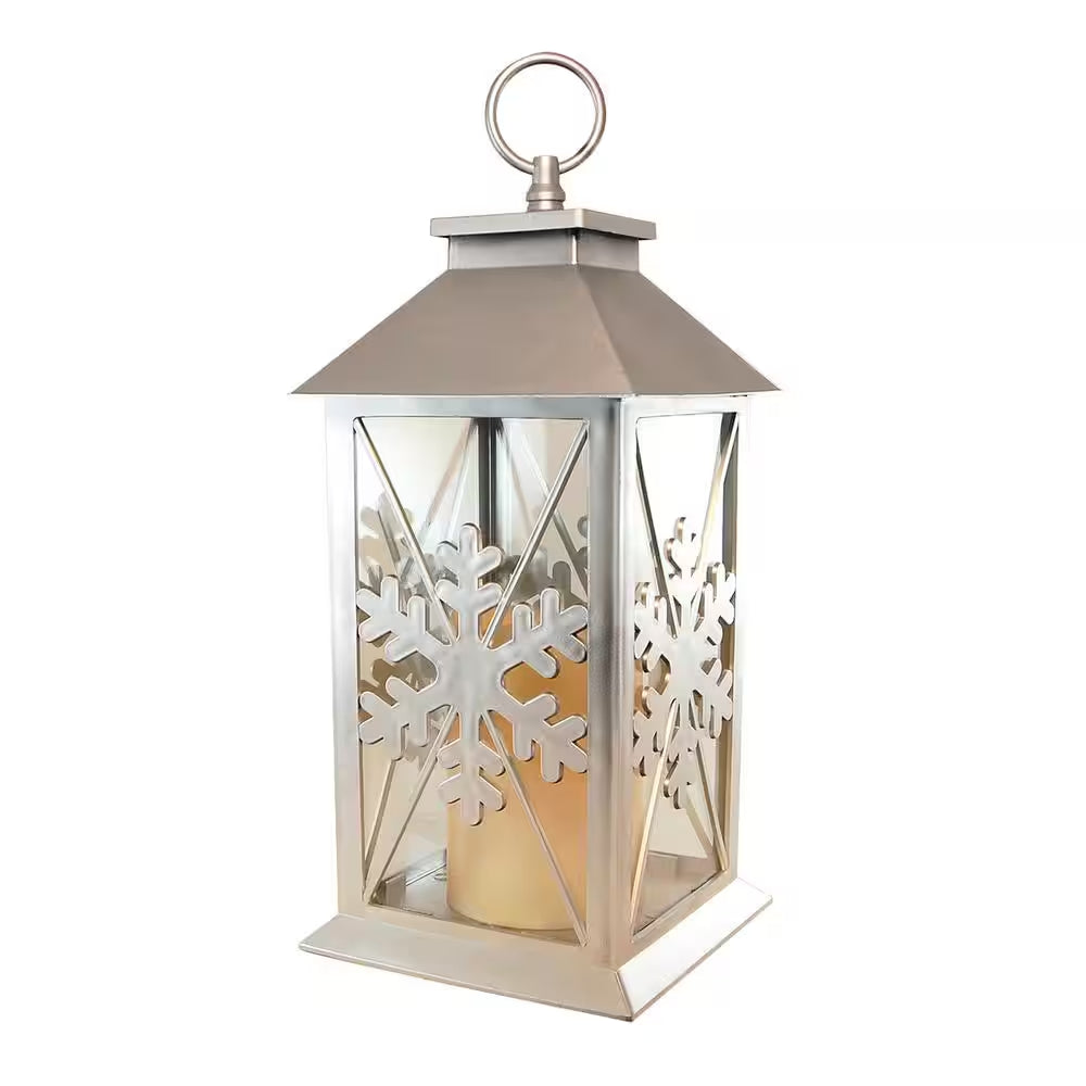 5.5 In. X 13 In. Silver Plastic Snowflake Lantern with LED Candle