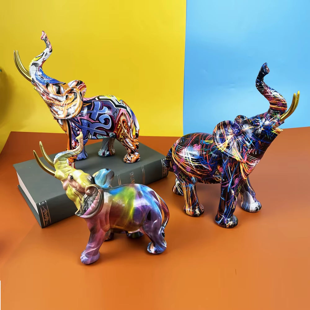 Nordic Painting Graffiti Elephant Sculpture Figurine Art Elephant Statue Creative Resin Crafts Home Decoration
