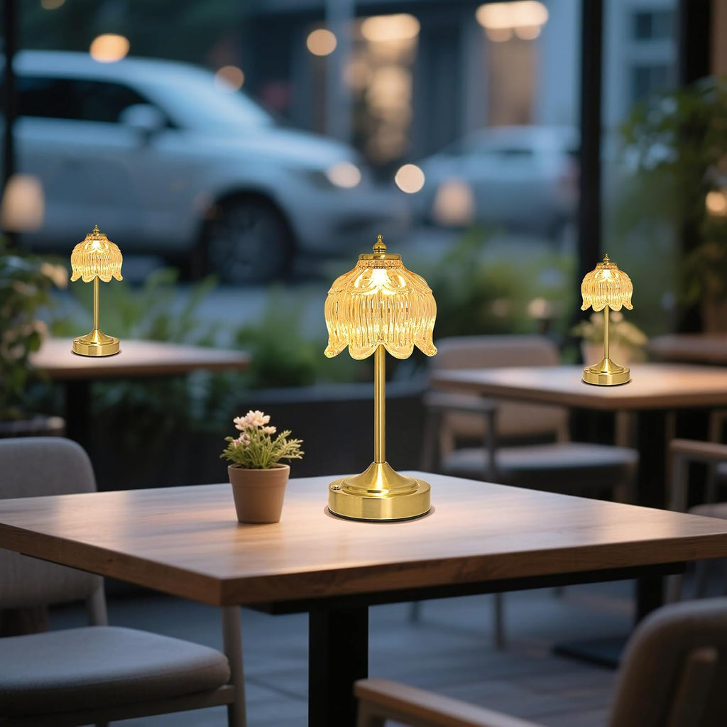 Cordless Table Lamp, Rechargeable Amber Glass Lotus Flower Lamp