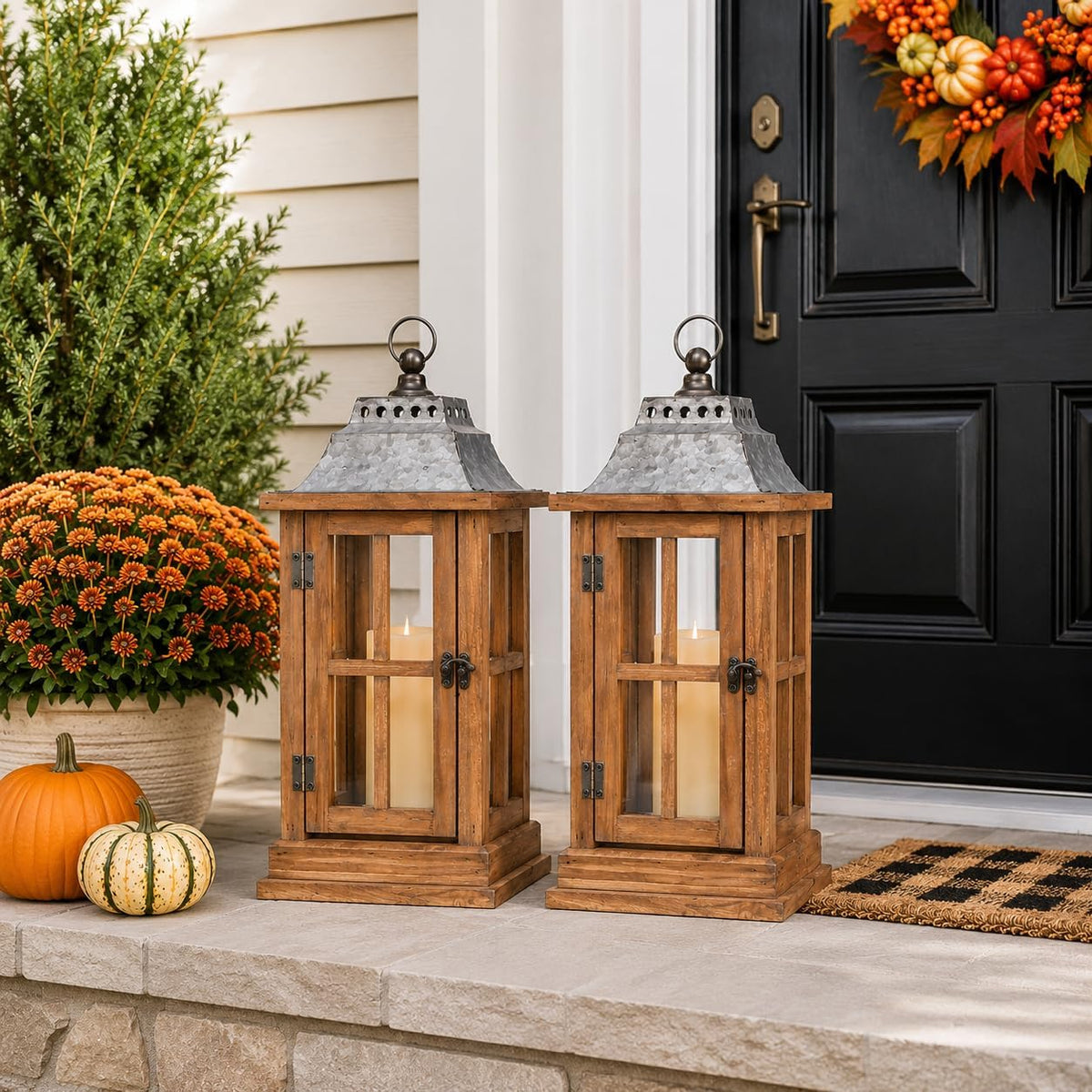 15 Inch Outdoor Decorative Lanterns, Set of 2 Wooden Candle Lanterns