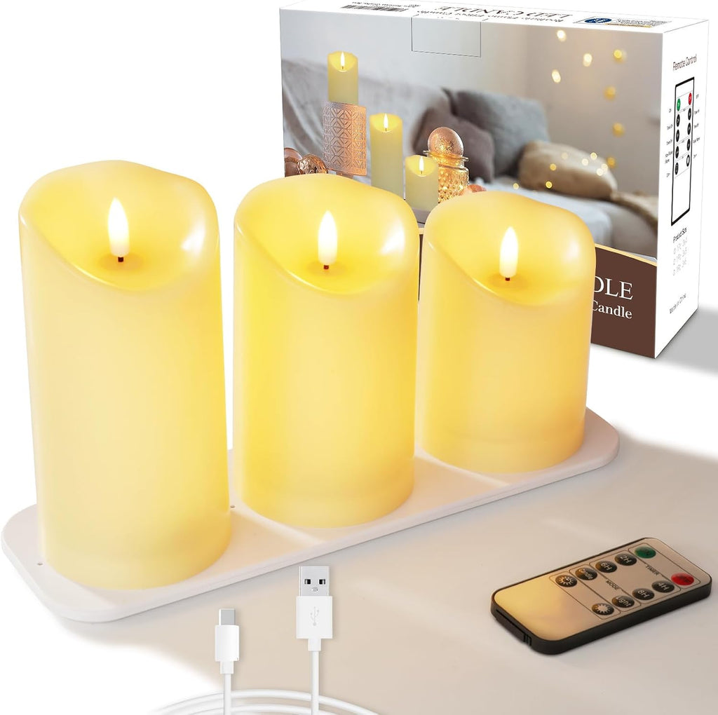 Rechargeable Flameless Candles, Battery Operated LED Candles, Electric Candles with Remote and Timers, Wax-Like Plastic, Ivory, 3Pack, 3" X 4"5" 6", for Home Decor