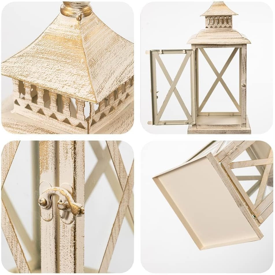 Lantern Decorative Indoor & Outdoor,Large Square Hanging Spring Home Decor, Vintage Metal Decorative Candle Lanterns for Outdoor Patio Wedding Party Beige with Copper Brush