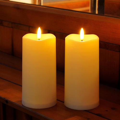 Outdoor Solar Powered Candles, 3" X 6" Ivory White Flickering Flameless Candle Set, LED Rechargeable Pillar Waterproof Candles for Outdoor Lanterns,Patio Decor, Set of 2