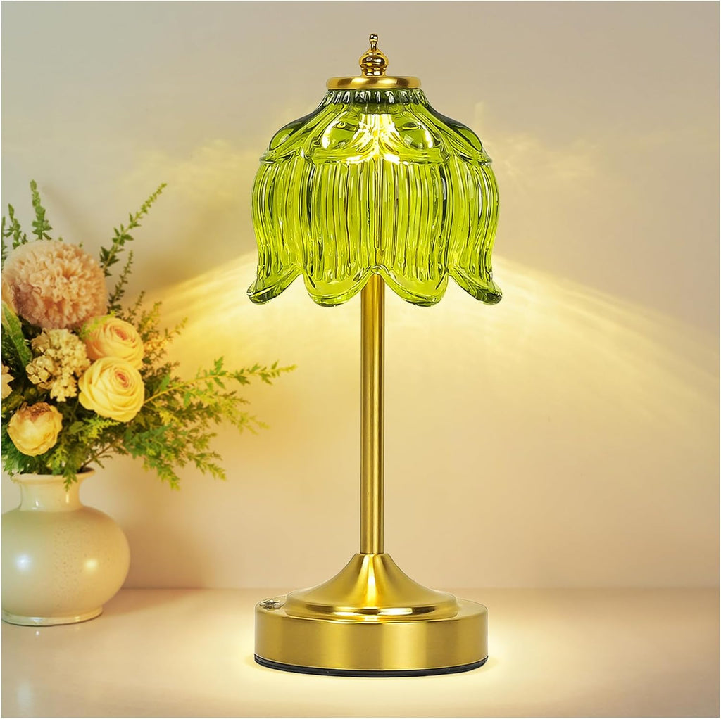 Cordless Table Lamp, Rechargeable Green Glass Lotus Flower Lamp