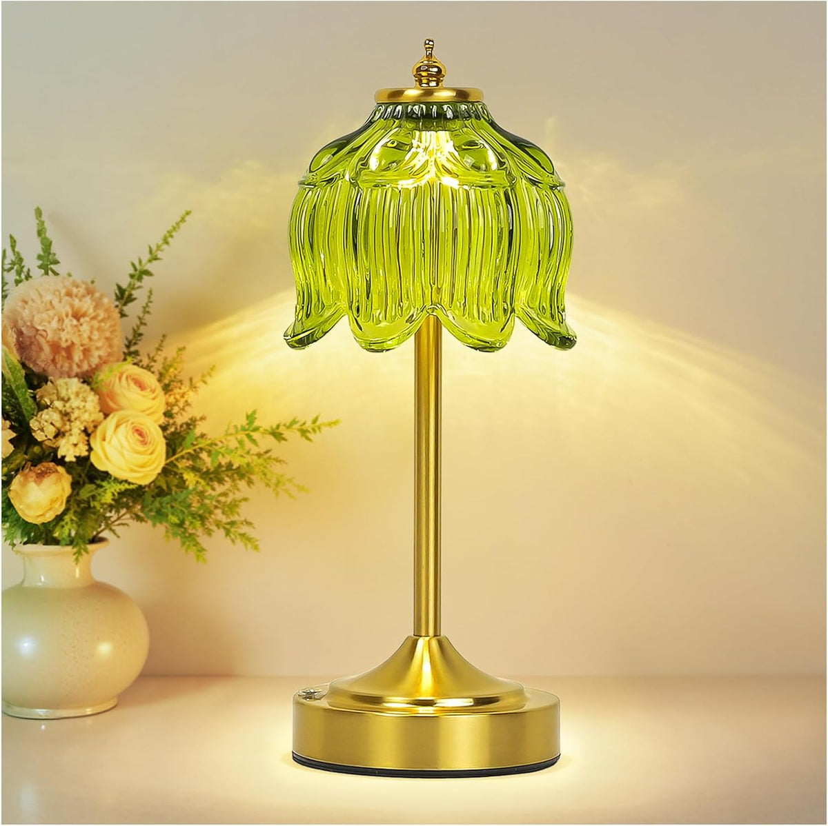 Cordless Table Lamp, Rechargeable Green Glass Lotus Flower Lamp