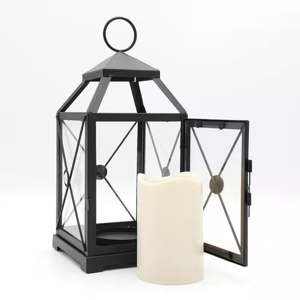 5.25 in X 12 In. Black Gem Metal Lantern with LED Candle