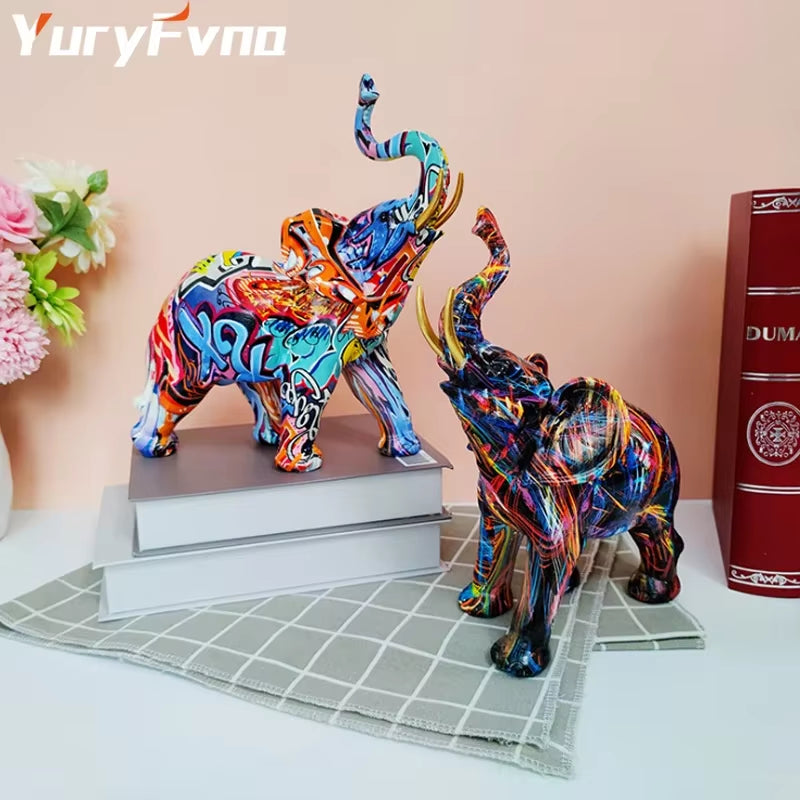 Nordic Painting Graffiti Elephant Sculpture Figurine Art Elephant Statue Creative Resin Crafts Home Decoration