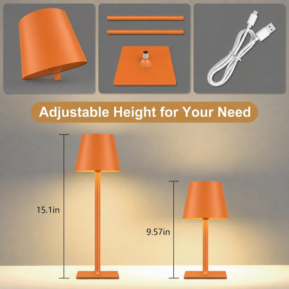 Orange Cordless Table Lamp Set of 2-3 Way and Stepless Dimmable - for Restaurant Dining Bedroom Home Bar