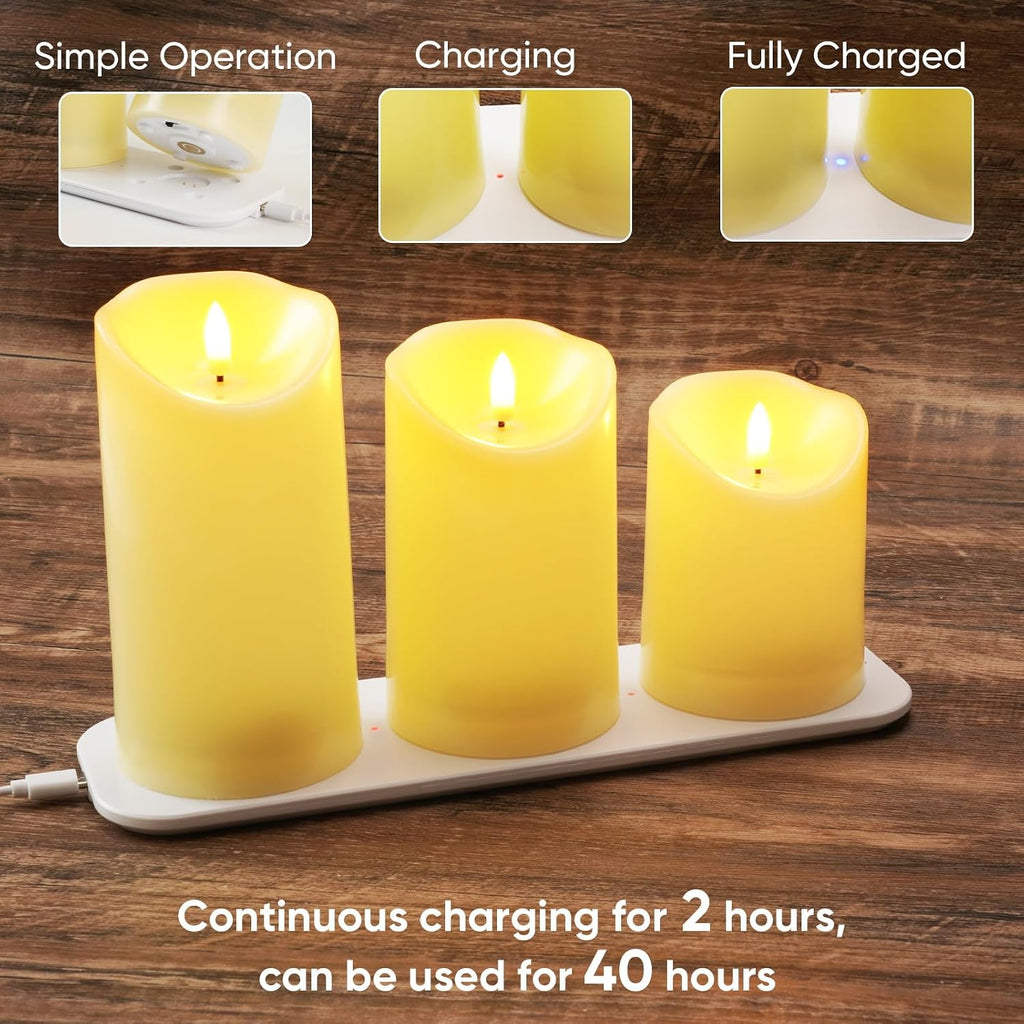 Rechargeable Flameless Candles, Battery Operated LED Candles, Electric Candles with Remote and Timers, Wax-Like Plastic, Ivory, 3Pack, 3" X 4"5" 6", for Home Decor