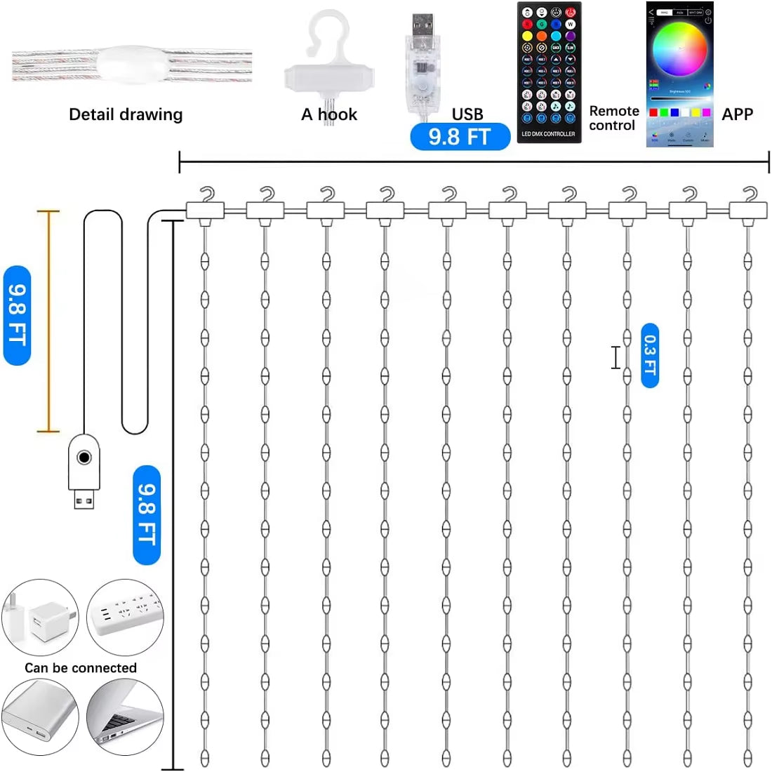 Smart LED Curtain Lights, 3Mx3M 300Leds USB String Lights with Bluetooth App Timer ,Music Sync Christmas Curtain String Outdoor