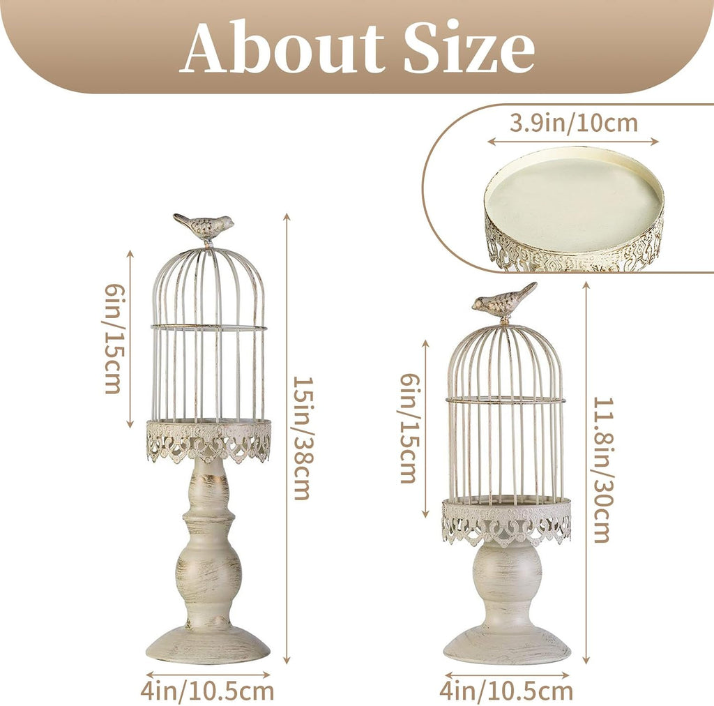 Birdcage Candle Holders Decorative Set of 2，Distressed Ivory