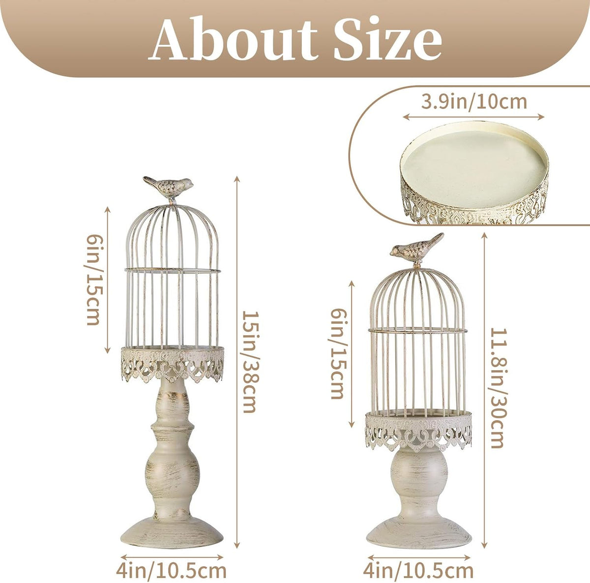 Birdcage Candle Holders Decorative Set of 2，Distressed Ivory