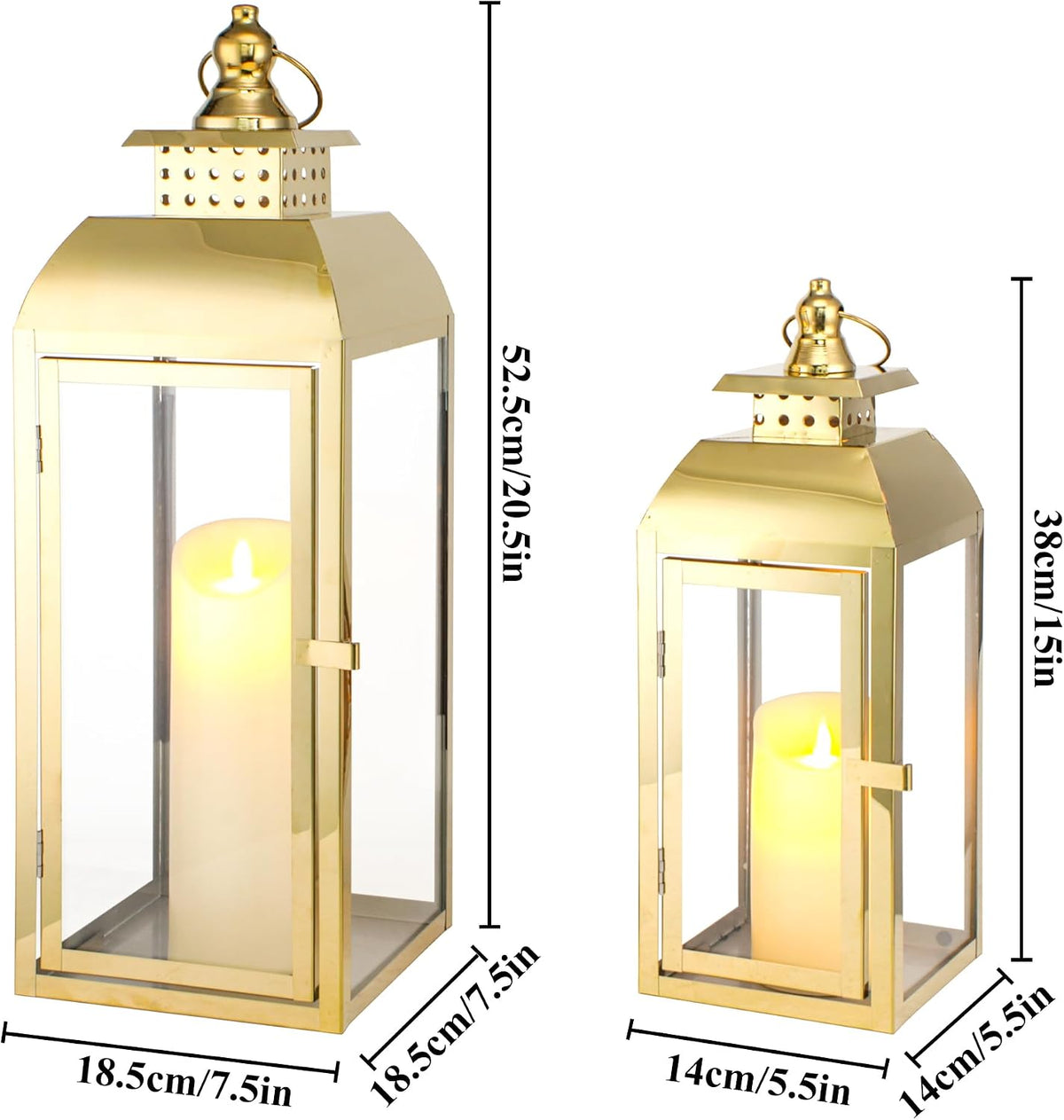 Set of 2 Gold Stainless Steel Decorative Candle Lanterns 20.5"&15" High Metal Candle Lanterns for Indoor Outdoor Events Parities Weddings Vintage Style Hanging Lantern