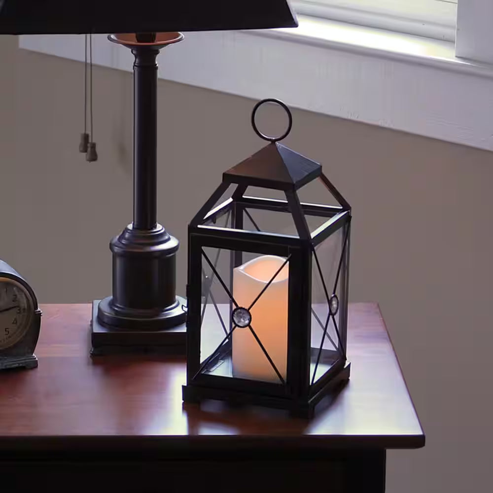5.25 in X 12 In. Black Gem Metal Lantern with LED Candle