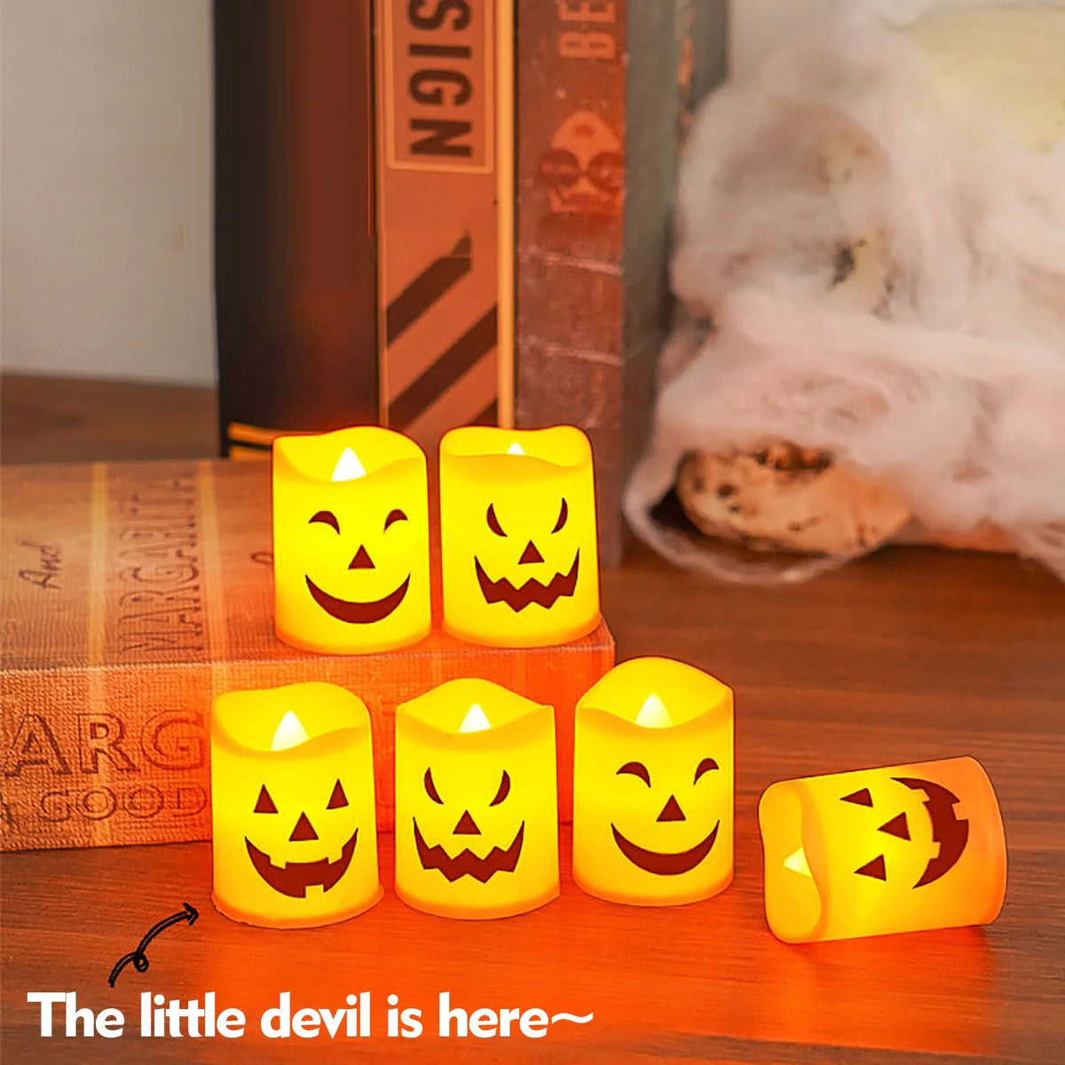 6 Pcs Halloween Pumpkin Candles, Halloween Tea Lights Candles, Battery Powered LED Lights with Warm, Flameless Candle for Home outside Yard Lawn Garden
