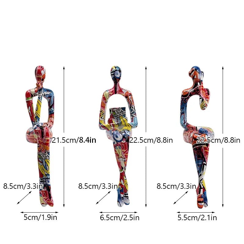 Abstract Thinker Figurine Set of 3, Colorful Modern Resin Sculpture for Bookshelf Decor & Office Desk, Unique Home Art Statue