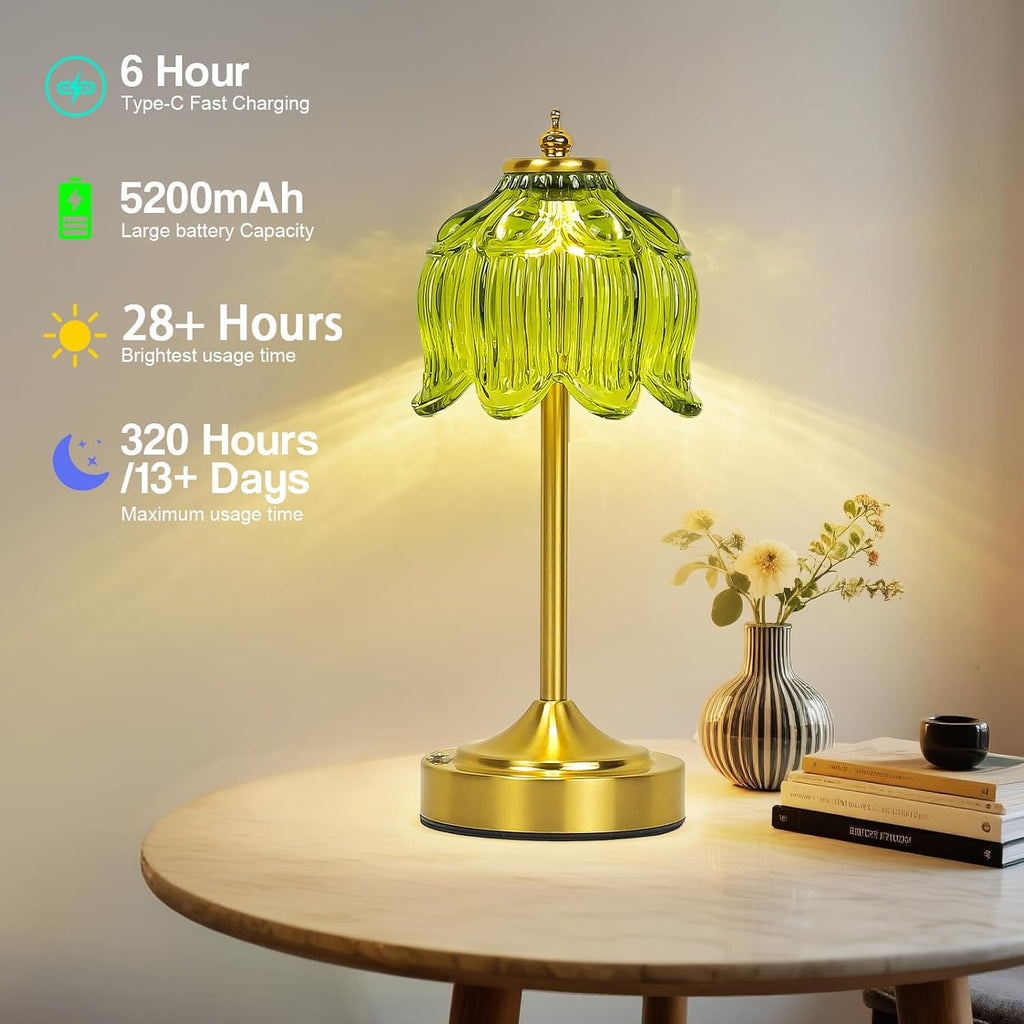Cordless Table Lamp, Rechargeable Green Glass Lotus Flower Lamp