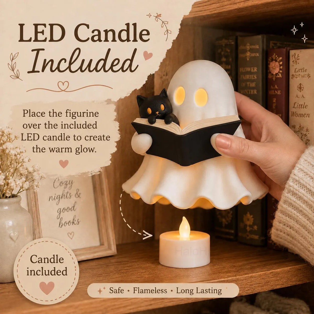 3D Printed Ghost Reading Book Figurine – Cozy Cat, LED Tealight Decor