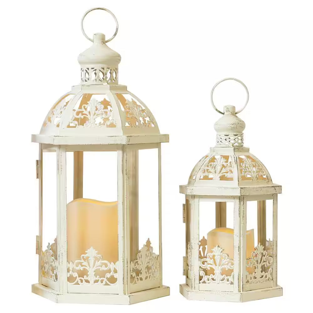 15.5 In. and 11.2 In. H Beige Metal Lanterns Candle Holder Decorative Outdoor and Indoor Lantern Decor with Glass