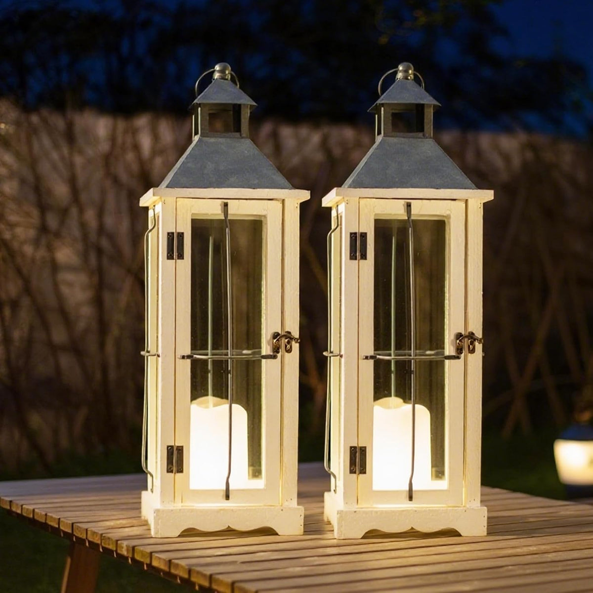 26 Inch White Wooden Decorative Lanterns with LED Candles Set of 2