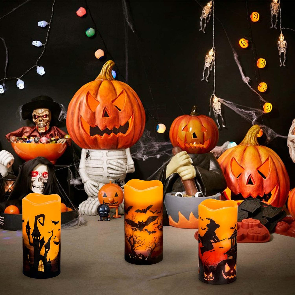 3 PCS Battery Operated Flameless Flickering Candles with 6 Hour Timer, Real Wax Electric LED Halloween Fake Pillar Candles with Castle, Witch, Bats for Indoor Kids Halloween Thanksgiving Decor