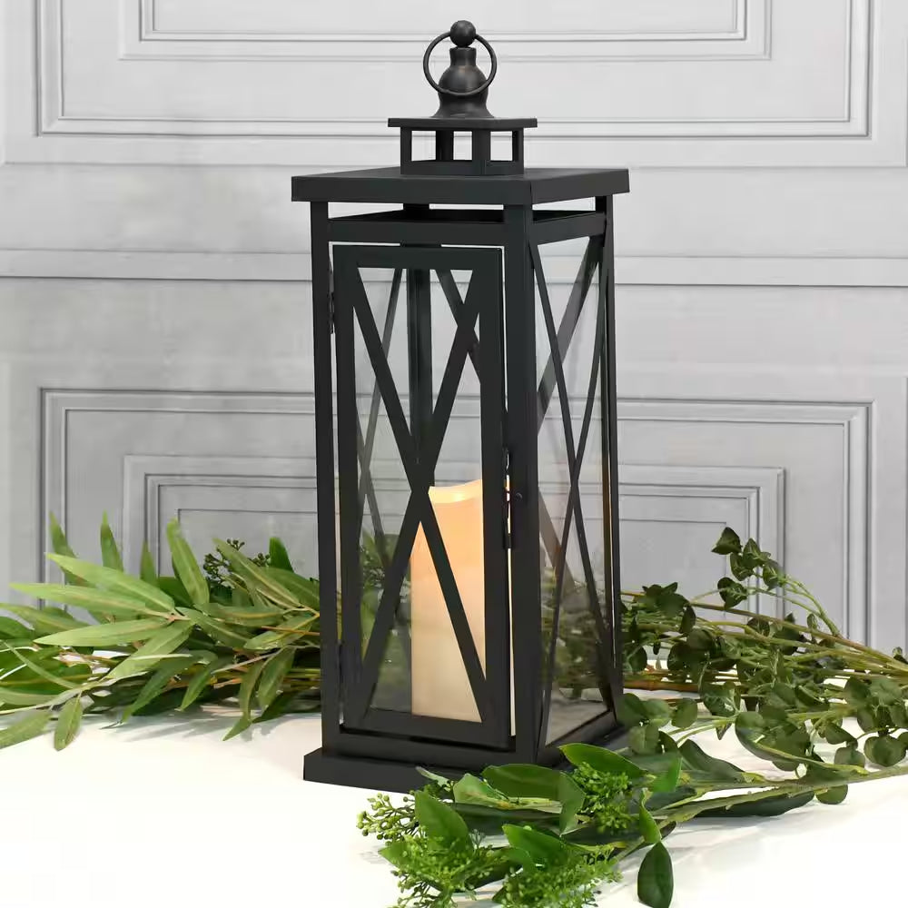 Metal Lantern - Warm Black Criss Cross with Battery Operated LED Candle