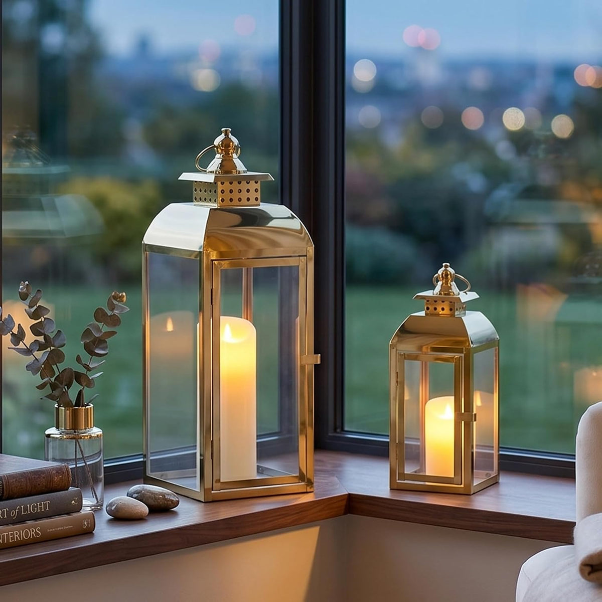 Set of 2 Gold Stainless Steel Decorative Candle Lanterns 20.5"&15" High Metal Candle Lanterns for Indoor Outdoor Events Parities Weddings Vintage Style Hanging Lantern